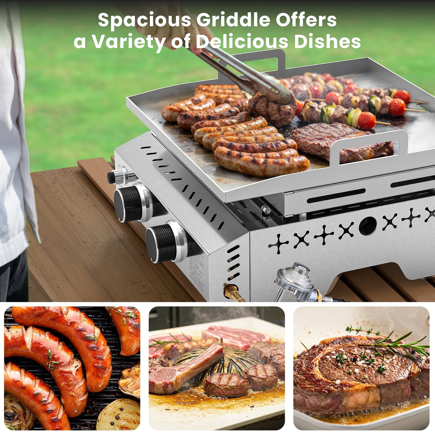 LHRIVER 2 Burner Food Grade SUS304 Tabletop Griddle, 16,000 BTU 310 Sq. In. Portable Propane Gas Griddle