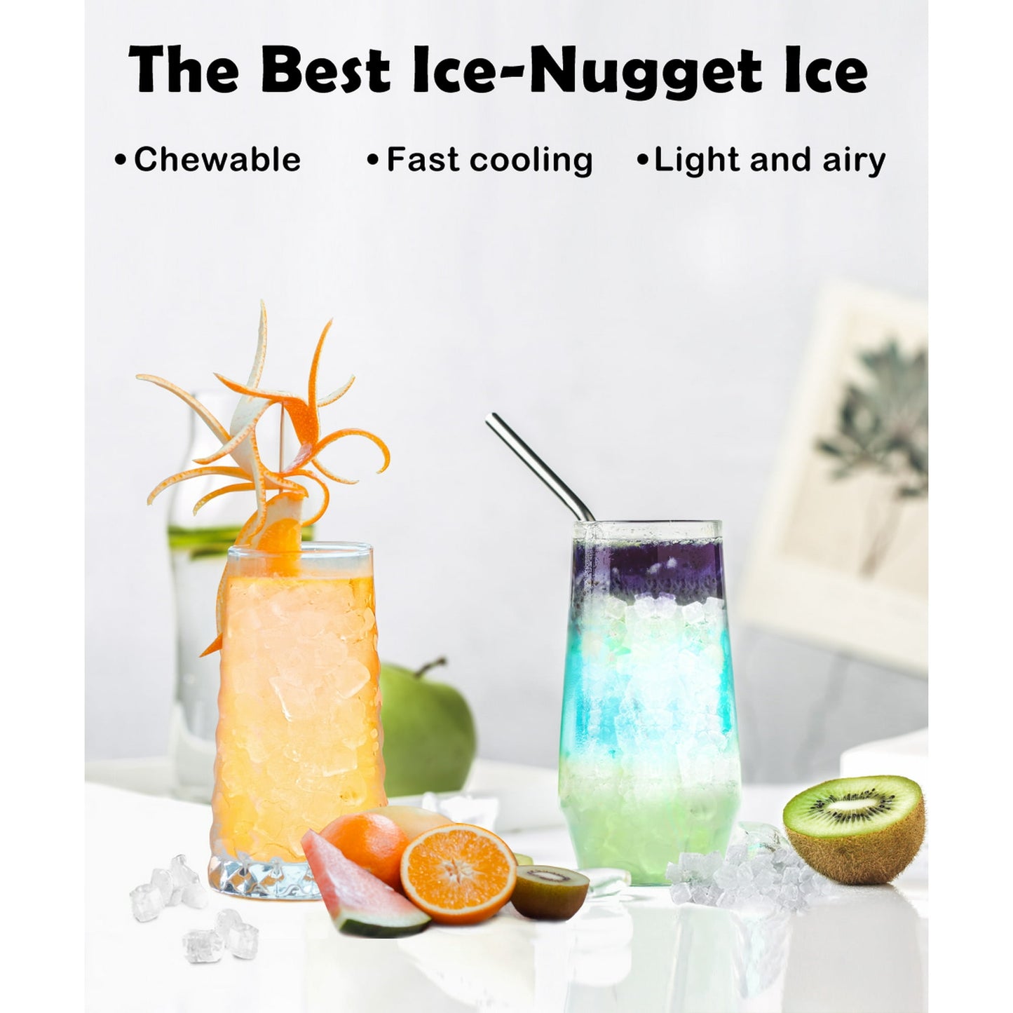 JOY PEBBLE 33lbs Stainless Steel Countertop Ice Maker, Crushed Nugget Ice Type with Scoop, Cubes Ready in 10 Mins, Silver