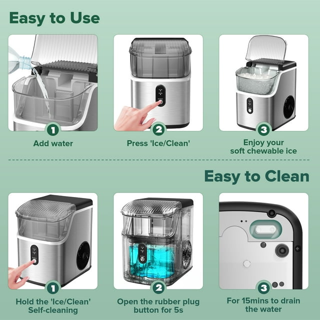 LHRIVER Nugget Ice Maker Countertop with Soft Chewable Pellet Ice, 33lbs/24H, Self-Cleaning, Stainless Steel, for Home/Office/Party - (Silver)