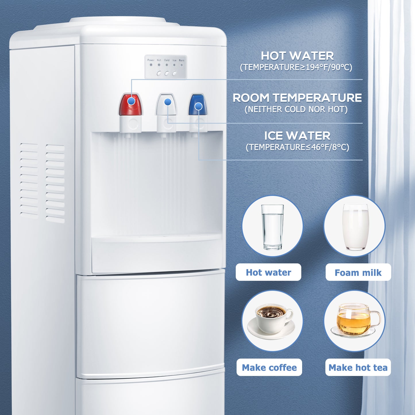 LHRIVER 3 in 1 Water Dispenser with Ice Maker, Cool Hot Room Temp Water Cooler Dispenser with Bullet Ice, 5 Gallon Water Jug with Child Safety Lock, White