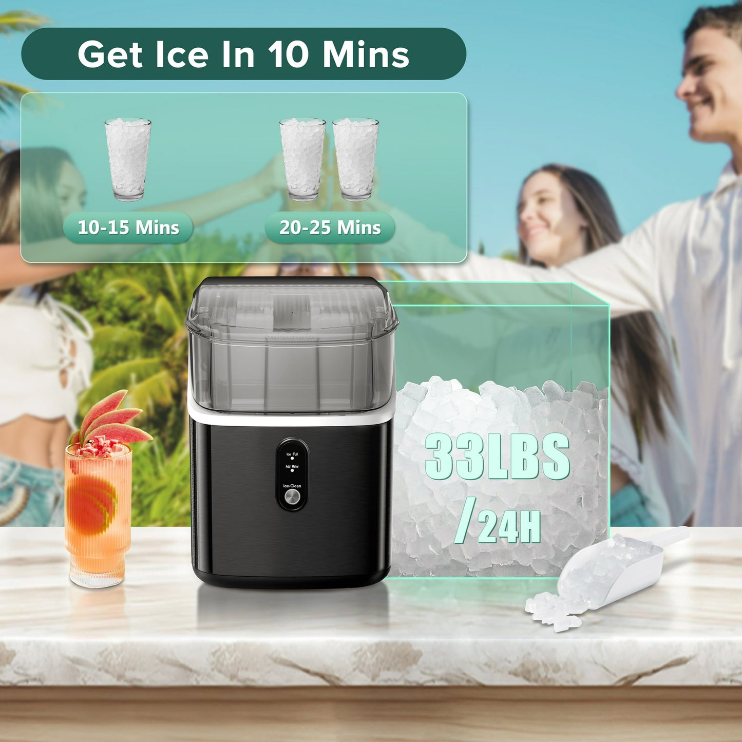 LHRIVER Nugget Ice Maker Countertop with Soft Chewable Pellet Ice, 33lbs/24H, Self-Cleaning, Stainless Steel, for Home/Office/Party - (Black)