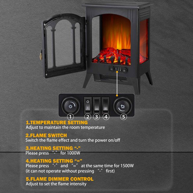 LHRIVER Electric Fireplace Infrared Stove Heater, Freestanding Fireplace Heater, 3D Realistic Flame Effects, Adjustable Brightness and Heating Mode, Overheating Safe Design, 1000W/1500W, (16 Inch)
