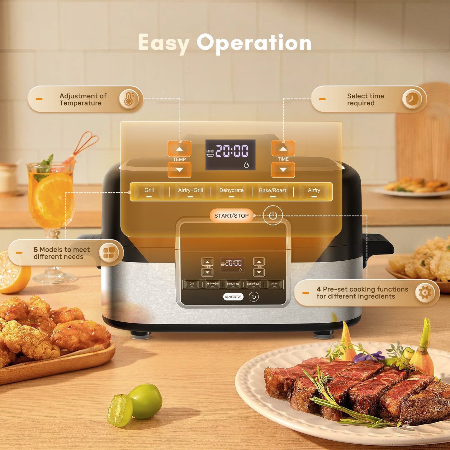 5-in-1 Electric Indoor Grill & Air Fryer Combo, 5QT Large Capacity, Stainless Steel Smokeless, Roast, Bake, Dehydrate, Beef & Fries, Black, LHRIVER