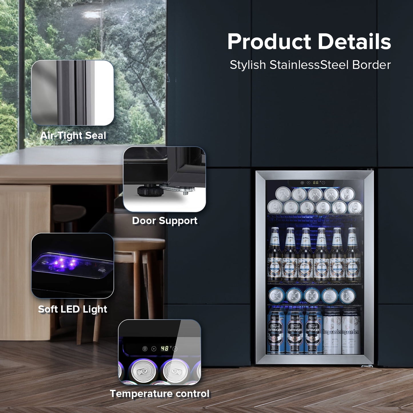 LHRIVER 3.2Cu.ft Beverage Refrigerator and Cooler, 130 Can Mini Fridge, Freestanding Constant Wine Chiller with Glass Door (Silver)