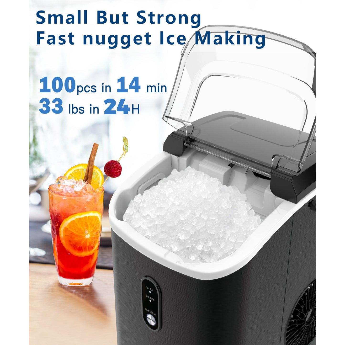 JOY PEBBLE 33lbs Stainless Steel Countertop Ice Maker, Crushed Nugget Ice Type with Scoop, Cubes Ready in 10 Mins, Black