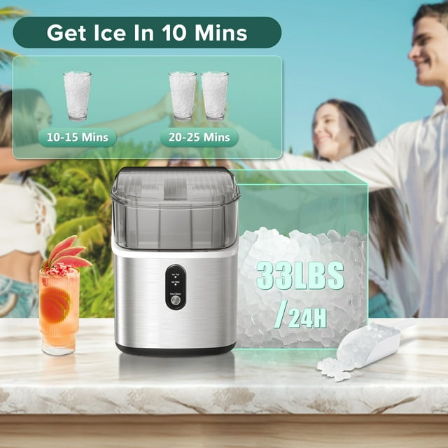 LHRIVER Nugget Ice Maker Countertop with Soft Chewable Pellet Ice, 33lbs/24H, Self-Cleaning, Stainless Steel, for Home/Office/Party - (Silver)