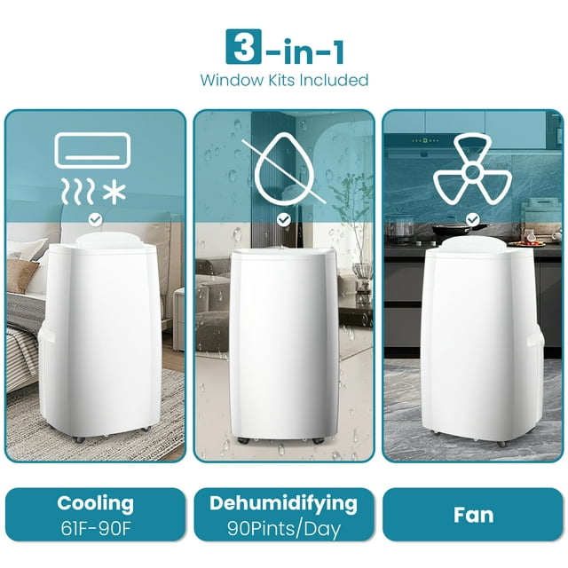 LHRIVER 10200BTU (14000 BTU ASHARE) Portable Air Conditioner,Portable AC Unit for Room Up to 450 Sq.Ft, White,3 in 1 , Ft Air Conditioner Fan
