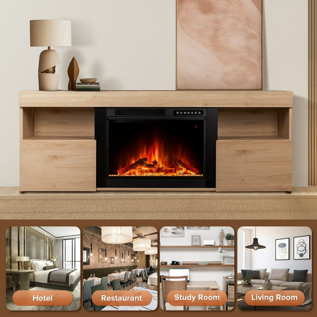 LHRIVER Free Standing Fireplace, Remote Control, 60'', Electric Fireplace Mantel, Adjustable Real 3D Flame Brightness(Pecan)