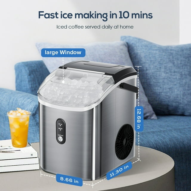 LHRIVER Nugget Ice Maker with Handle, Portable Compact Ice Maker, Self-Cleaning, 33lbs/Day, Removable Ice Basket&Scoop for Home/Office