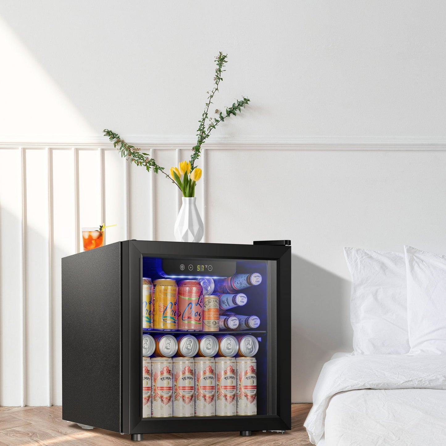 LHRIVER 1.3 Cu.ft Beverage Refrigerator Cooler, Mini Fridge with Glass Door for Soda Beer or Wine