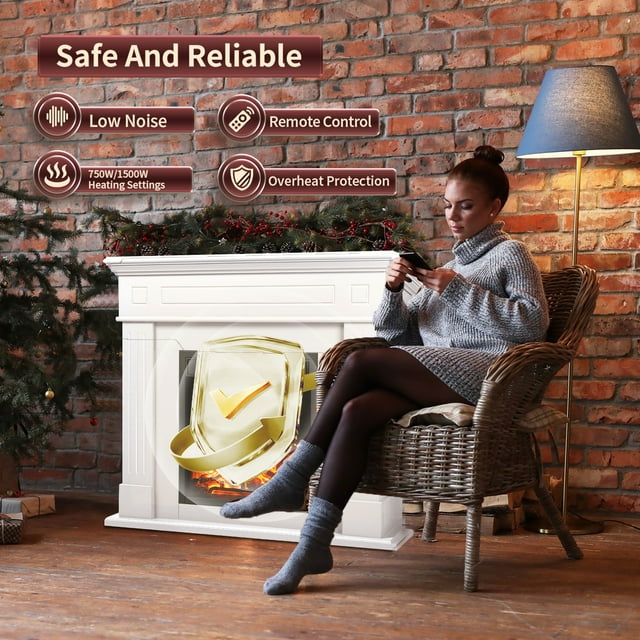 LHRIVER Freestanding Wooden Frame Fireplace with TV Stand, Electric Fireplace Mantel Heater, Various Brightness & Realistic Flames & Remote Control, Home/Office/Cafe,750W-1500W, PEARLWHITE