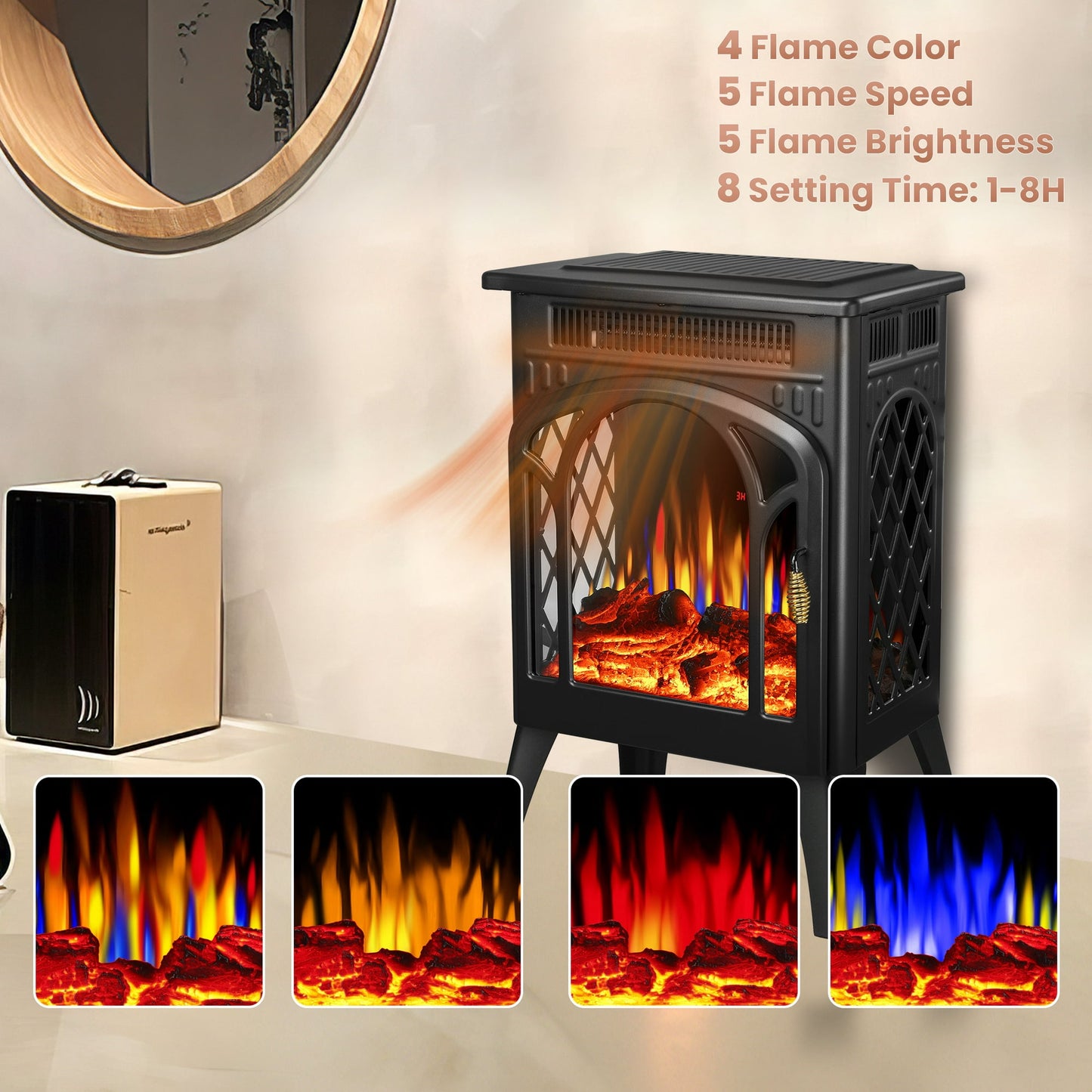LHRIVER Electric Fireplace Heater 16’’ with 3D Realistic Flame Effect, Freestanding Fireplace, Different Flame Color, 500W/1500W,- BLACK
