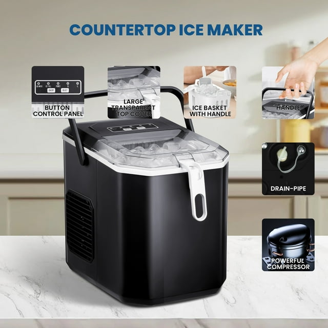 Havato Countertop Ice Maker, 9 Bullets of Ice Cubes in 6 Minutes, Adjustable Ice Cube Size, with Ice Basket, Ice Shovel, Handle and Ice Basket Handle, Black.