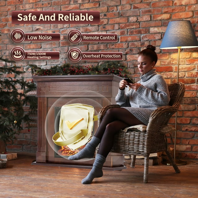 LHRIVER Freestanding Wooden Frame Fireplace with TV Stand, Electric Fireplace Mantel Heater, Various Brightness & Realistic Flames & Remote Control, Home/Office/Cafe,750W-1500W, Brown