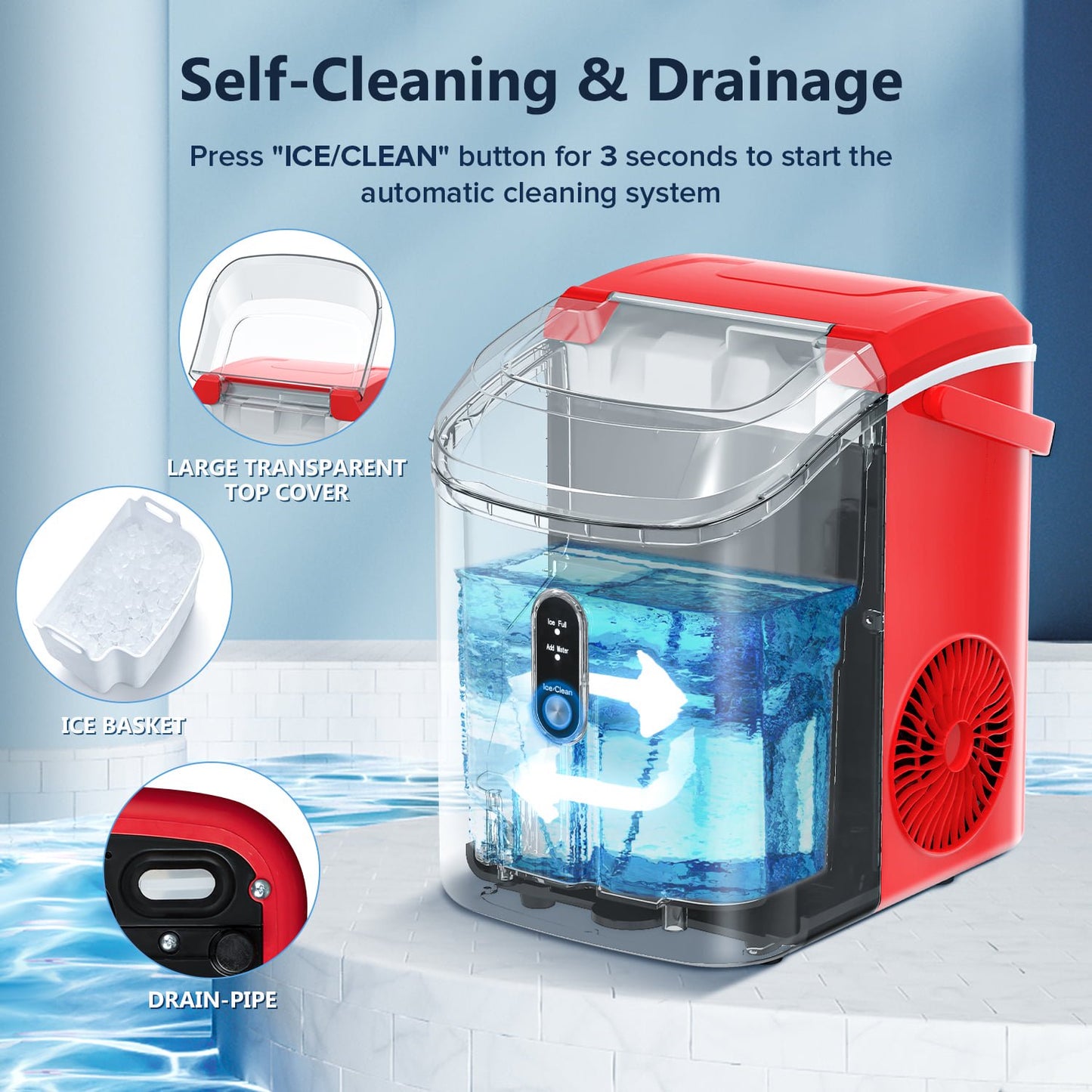 Havato Nugget Portable Ice Maker, 33lbs/24H, Self-Cleaning Function, First Choice for Home/Office/Parties , Red