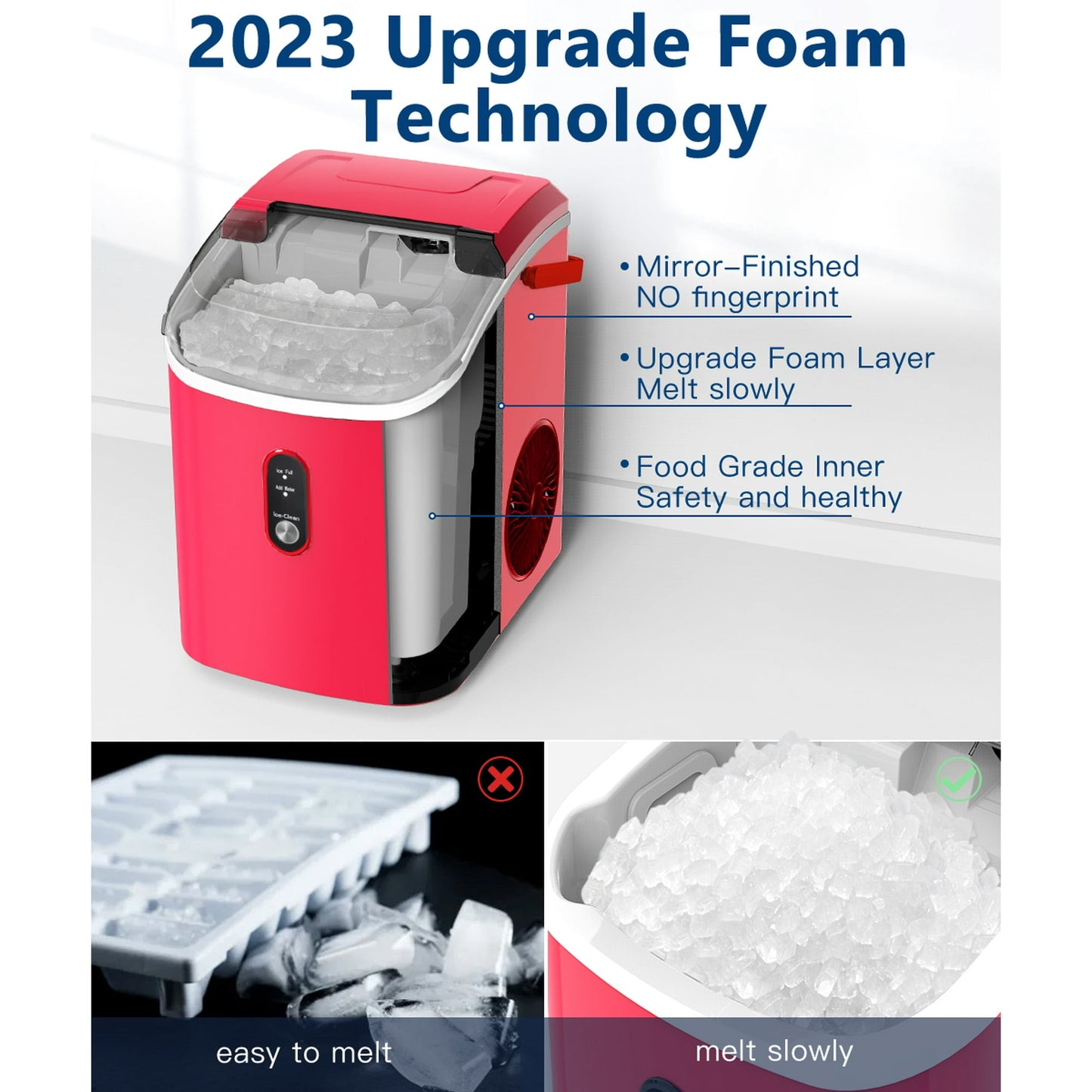 LHRIVER 35lbs Countertop Ice Maker, Crushed Nugget Ice Type with Scoop, Cubes Ready in 10 Mins, Red
