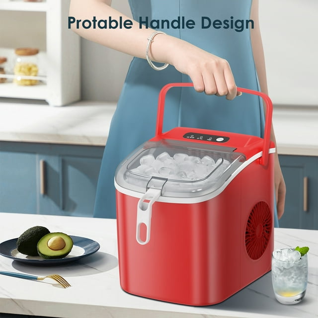 LHRIVER Countertop Ice Maker, Portable Ice Machine with Handle, 26Lbs/24H, 9Pcs/6Mins, One-Click Operation Ice Makers, with Ice Scoop and Basket, for Kitchen/Bar/Party - (Red)