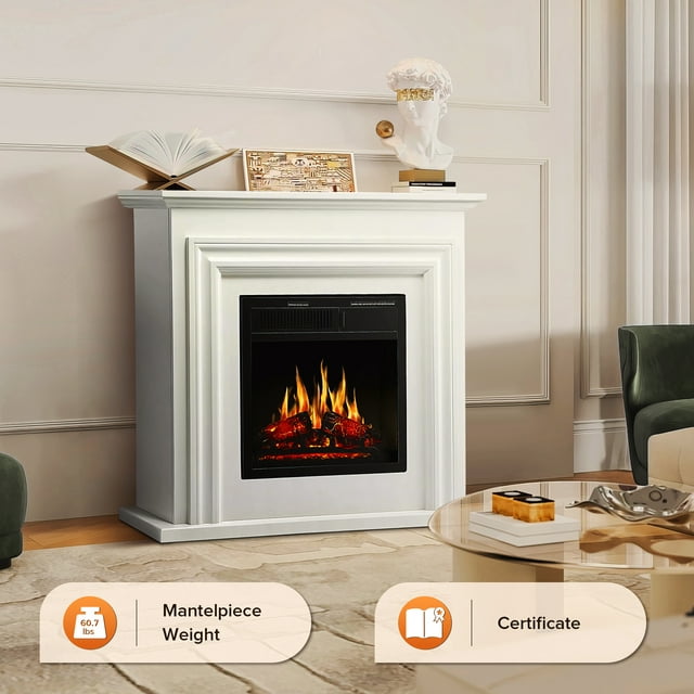 LHRIVER Electric Fireplace, Free Standing Fireplace, with Remote Control, Adjustable LED Flame, 750W/1500W -(White)