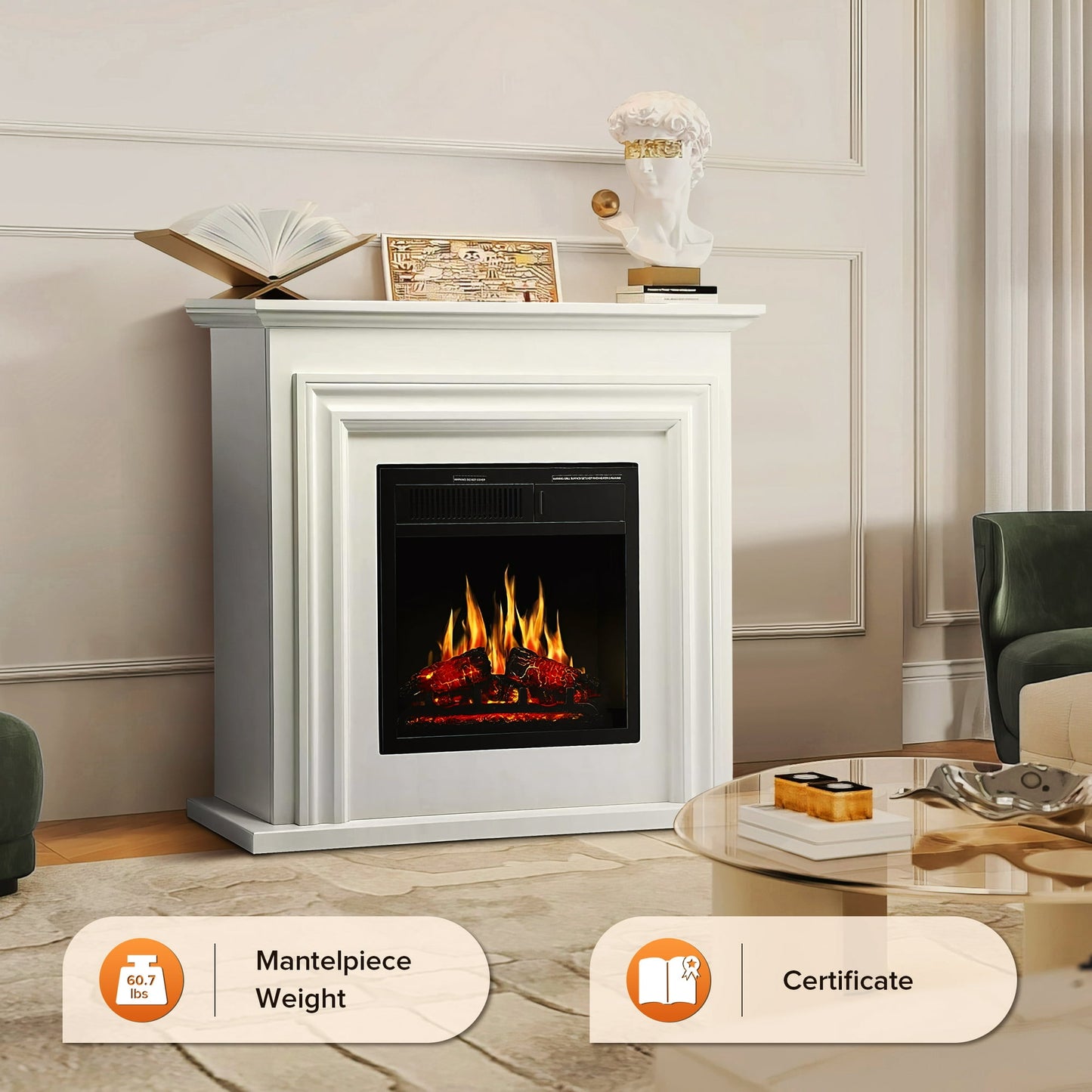 LHRIVER Electric Fireplace, Free Standing Fireplace, with Remote Control, Adjustable LED Flame, 750W/1500W -(White)