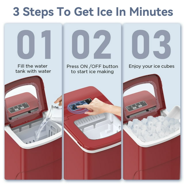 Havato Countertop Ice Maker 26lbs, 9 Pcs/6Mins, 2 Sizes of Bullet-Shaped w/Scoop & Basket, Red