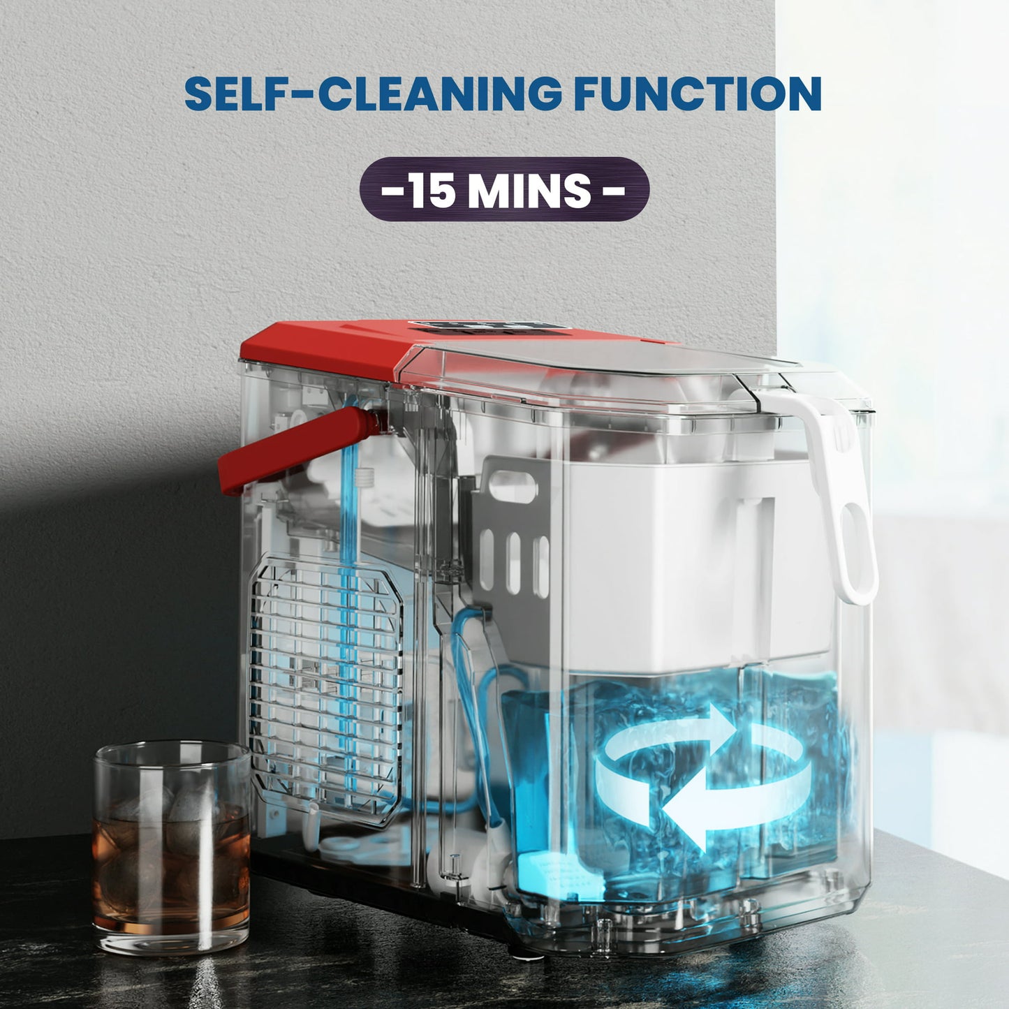 LHRIVER Portable Compact Self-cleaning Ice Maker With Handle and Ice Scoop, Bullet Ice Cubes, 9Pcs/8Min 26Lbs/24H for Home/Office/Bar/Party (Red)