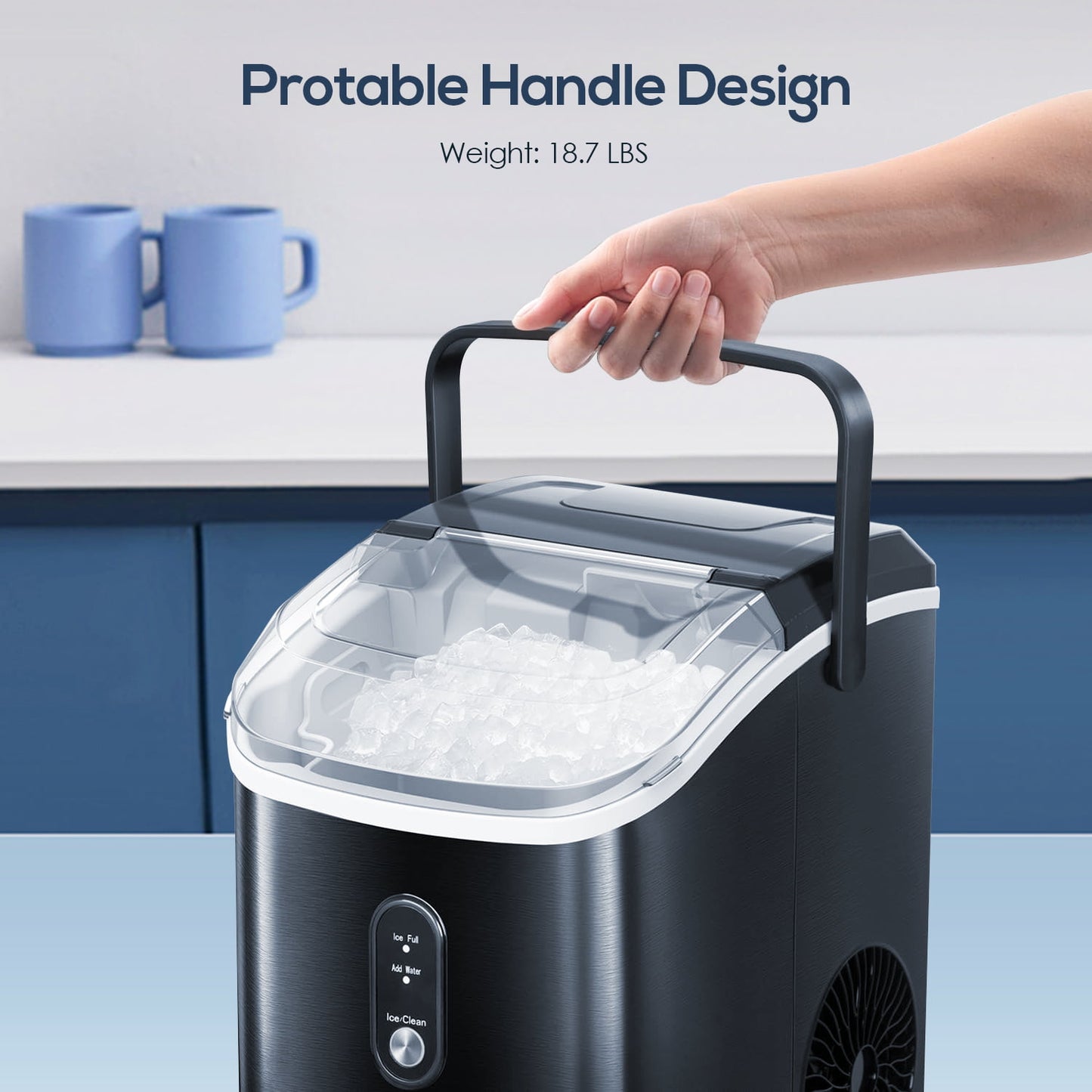 LHRIVER Nugget Ice Maker with Handle, Portable Compact Ice Maker, Self-Cleaning, 33lbs/Day, Removable Ice Basket&Scoop for Home/Office