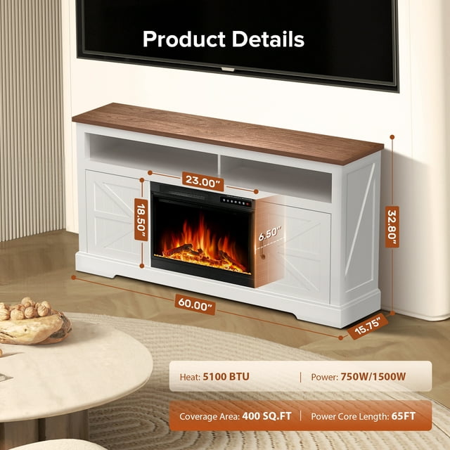 LHRIVER Electric Fireplace, 60"Heater Wooden Surround Firebox, Adjustable LED Flame, Remote Control, 750W-1500W, Fireplace TV Stand (Walnut)