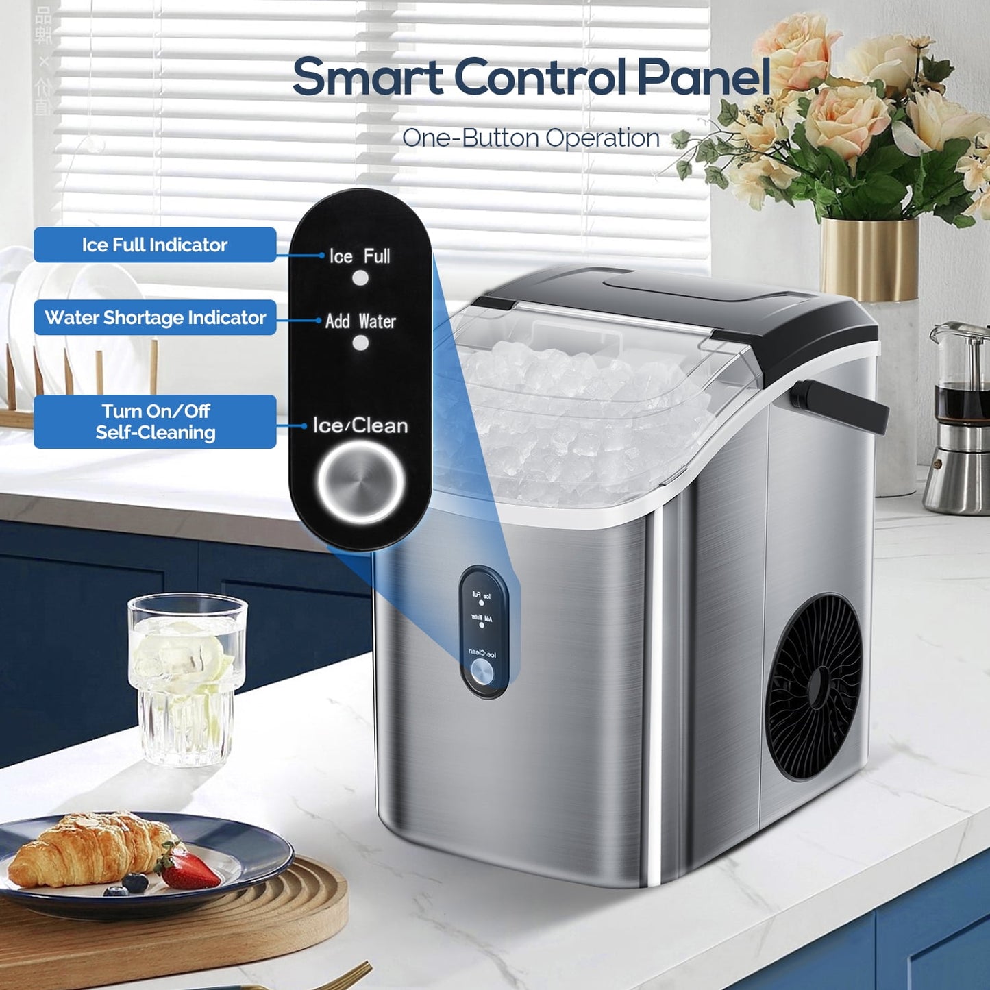 LHRIVER Nugget Ice Maker with Handle, Portable Compact Ice Maker, Self-Cleaning, 33lbs/Day, Removable Ice Basket&Scoop for Home/Office