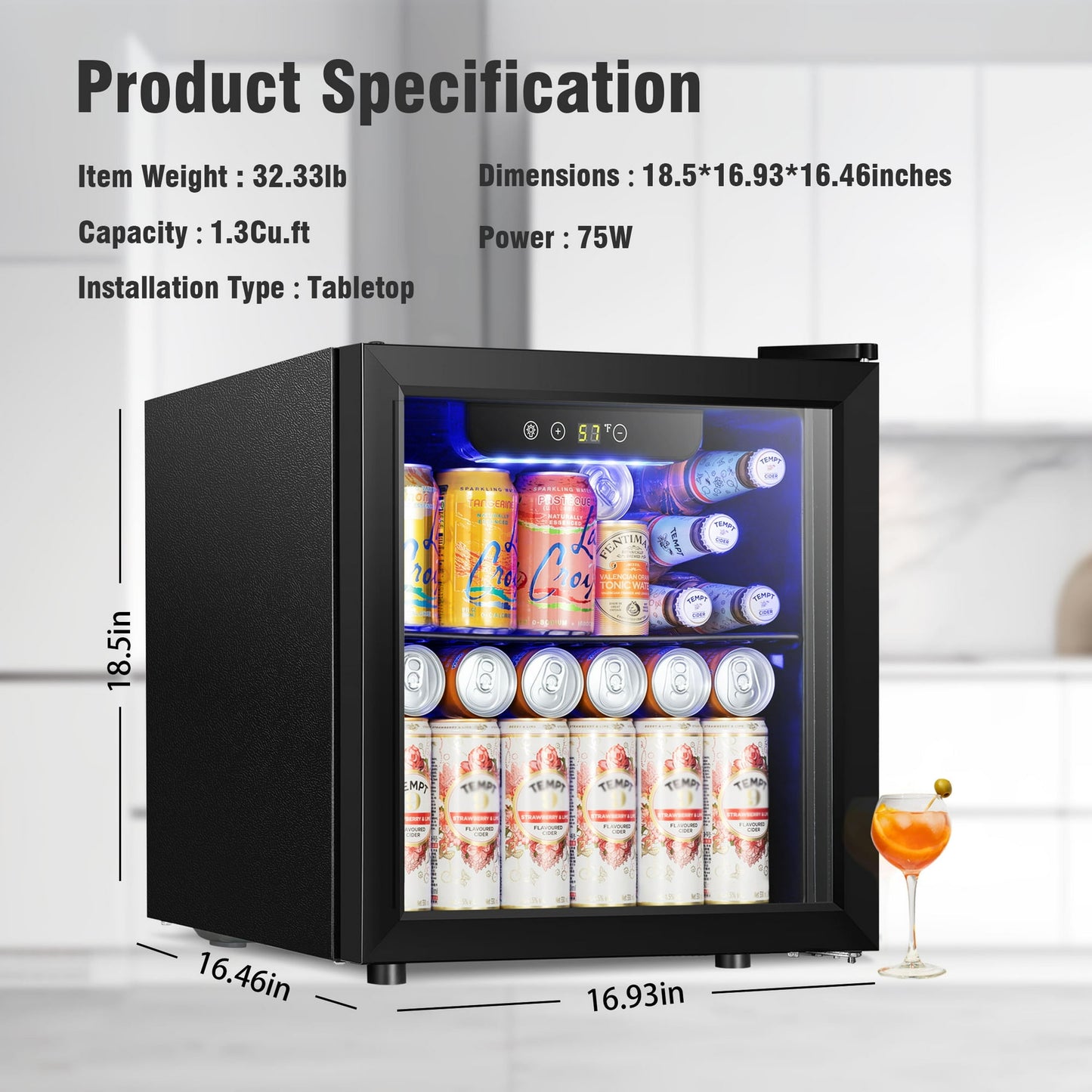 LHRIVER 1.3 Cu.ft Beverage Refrigerator Cooler, Mini Fridge with Glass Door for Soda Beer or Wine
