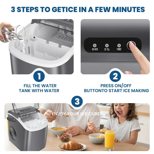 Havato Countertop Ice Maker, 9 Bullet Ice Cubes in 6 Mins, 26lbs/24H, w/ Scoop & Basket, Grey