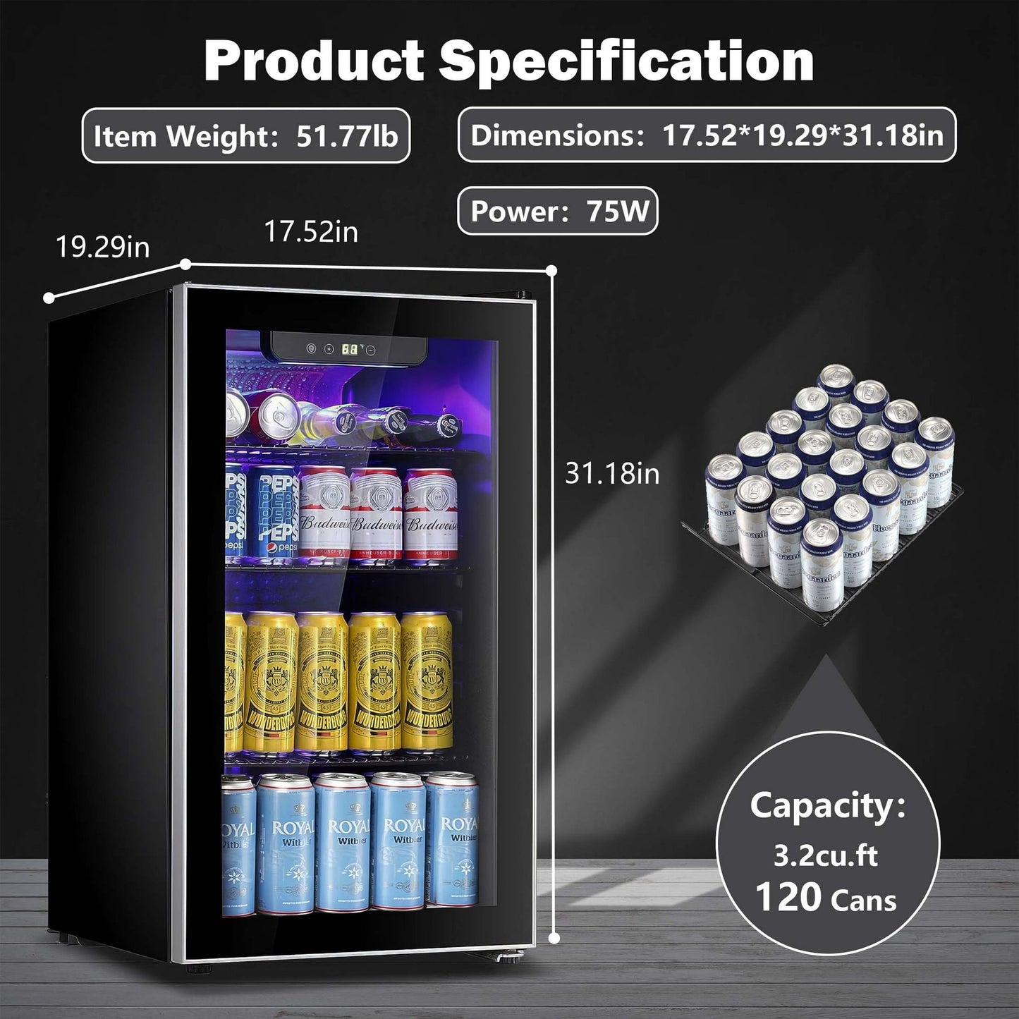 Havato Cubic Foot Beverage Refrigerator Cooler, 120 Cans Mini Refrigerator, 3.2Cu.Ft, LED Lamp, Transparent Glass Door with Adjustable Shelf, Bar/Office/Home