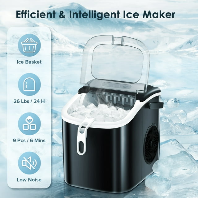 LHRIVER Countertop Ice Maker, Portable Ice Machine with Handle, 26Lbs/24H, 9Pcs/6Mins, One-Click Operation Ice Makers, with Ice Scoop and Basket, for Kitchen/Bar/Party - (Black)