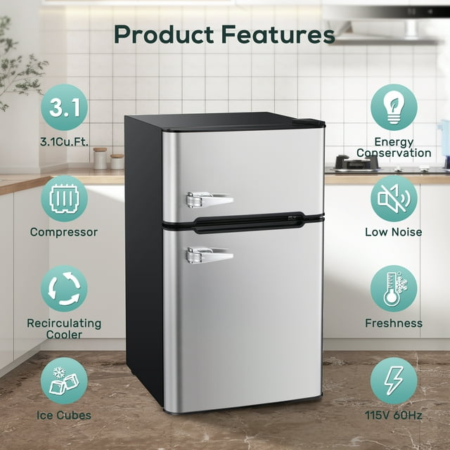 LHRIVER Mini Refrigerator 3.2Cu.Ft Compact Fridge 2-Double Doors with a Freezer Low Noise Defrost Storage of Beverages Vegetables and Fruits for Home Office Dorm