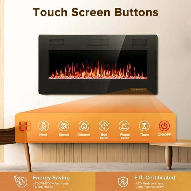 LHRIVER Embedded Wall Mounted Indoor Electric Fireplace, 36 inch, Ultra-thin Low Noise Lightweight LED Fireplace Heater, Touch Screen, Timer, 1500W, Adjustable Flame Color and Speed, Black