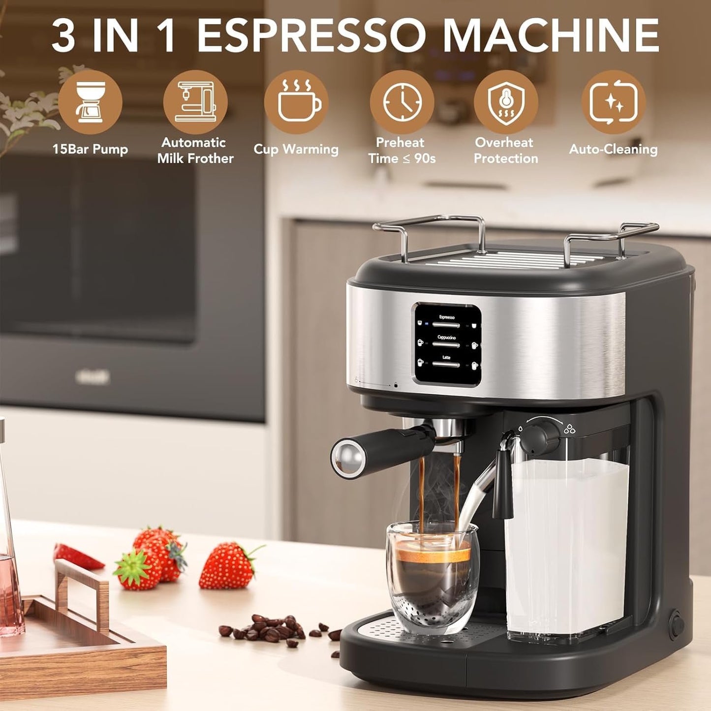 Havato 20 Bar Pressure Espresso Machine,Automatic Coffee Maker with 57oz Removable Water Tank and 16oz Removable Milk Tank,3 Kinds of Coffee,Black
