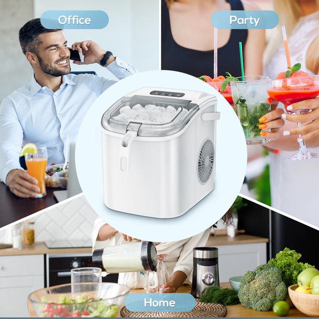 LHRIVER Countertop Ice Maker, Portable Ice Machine with Handle, 26Lbs/24H, 9Pcs/6Mins, One-Click Operation Ice Makers, with Ice Scoop and Basket, for Kitchen/Bar/Party - (White)