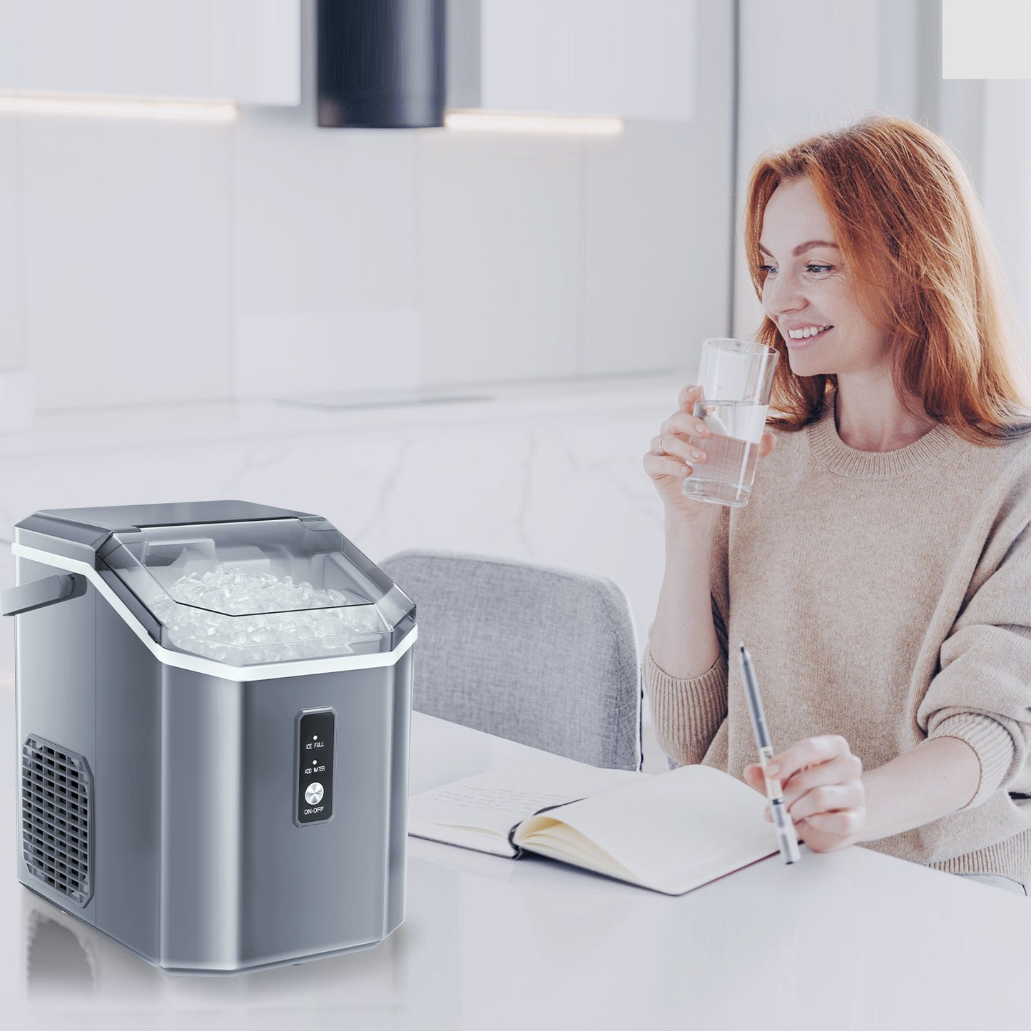 LHRIVER Nugget Countertop Ice Maker with Soft Chewable Ice, 34Lbs/24H, Self-Cleaning, Ice Scoop,Grey