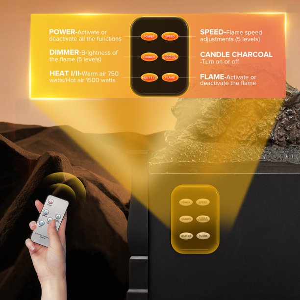 LHRIVER Electric Fireplace Log Set Heater 21IN, Remote Control, Flame Brightness Adjustable, Overheated Protection, Realistic Ember Bed