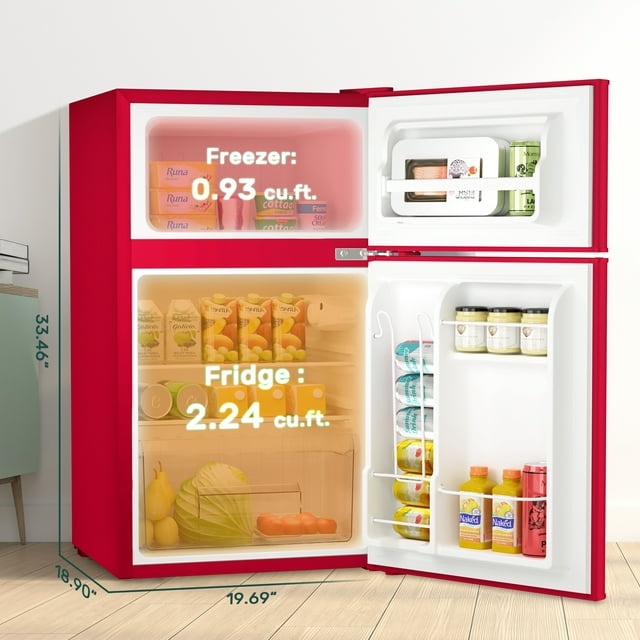LHRIVER Mini Refrigerator 3.2Cu.Ft Compact Fridge 2-Double Doors with a Freezer Low Noise Defrost Storage of Beverages Vegetables and Fruits for Home Office Dorm