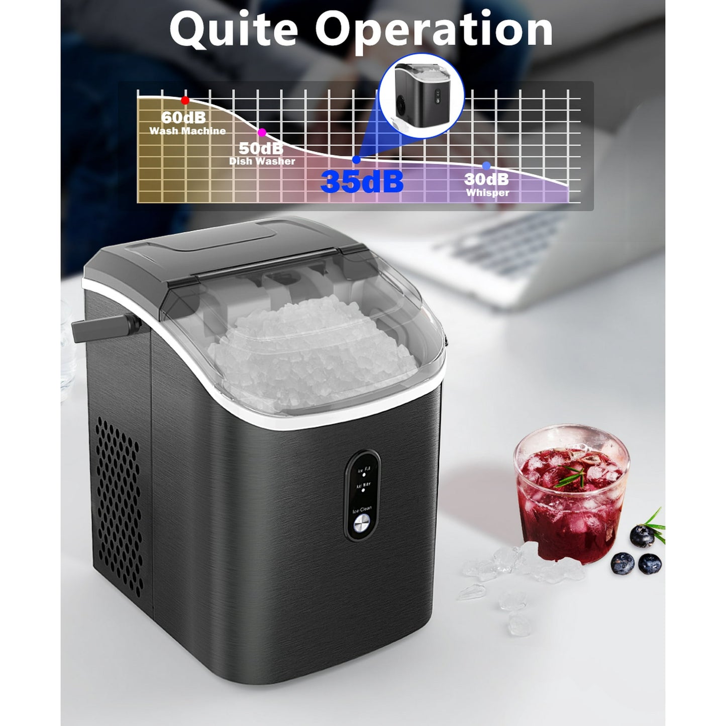 JOY PEBBLE 33lbs Stainless Steel Countertop Ice Maker, Crushed Nugget Ice Type with Scoop, Cubes Ready in 10 Mins, Black