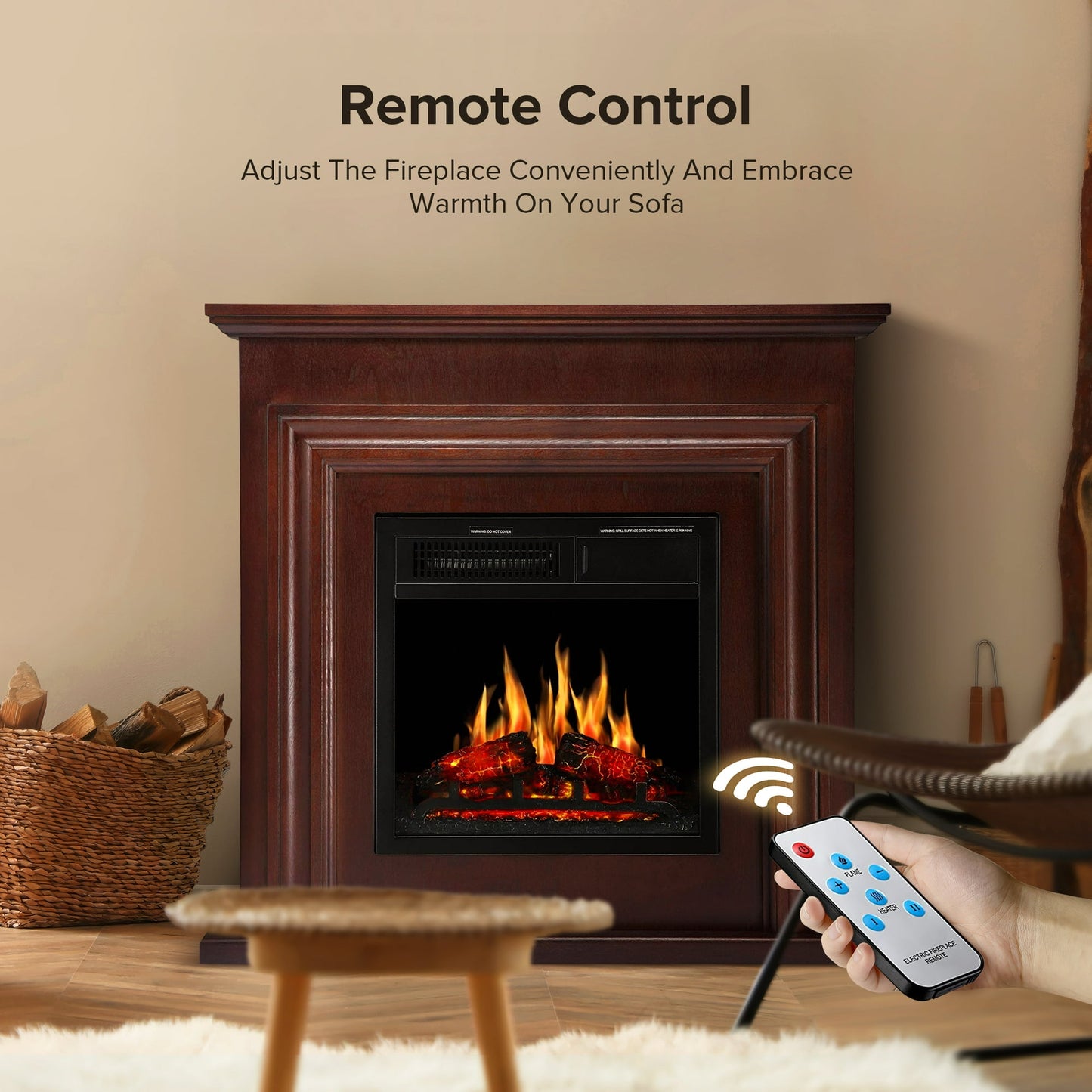 LHRIVER Electric Fireplace, Free Standing Fireplace, with Remote Control, Adjustable LED Flame, 750W/1500W -(Brown)