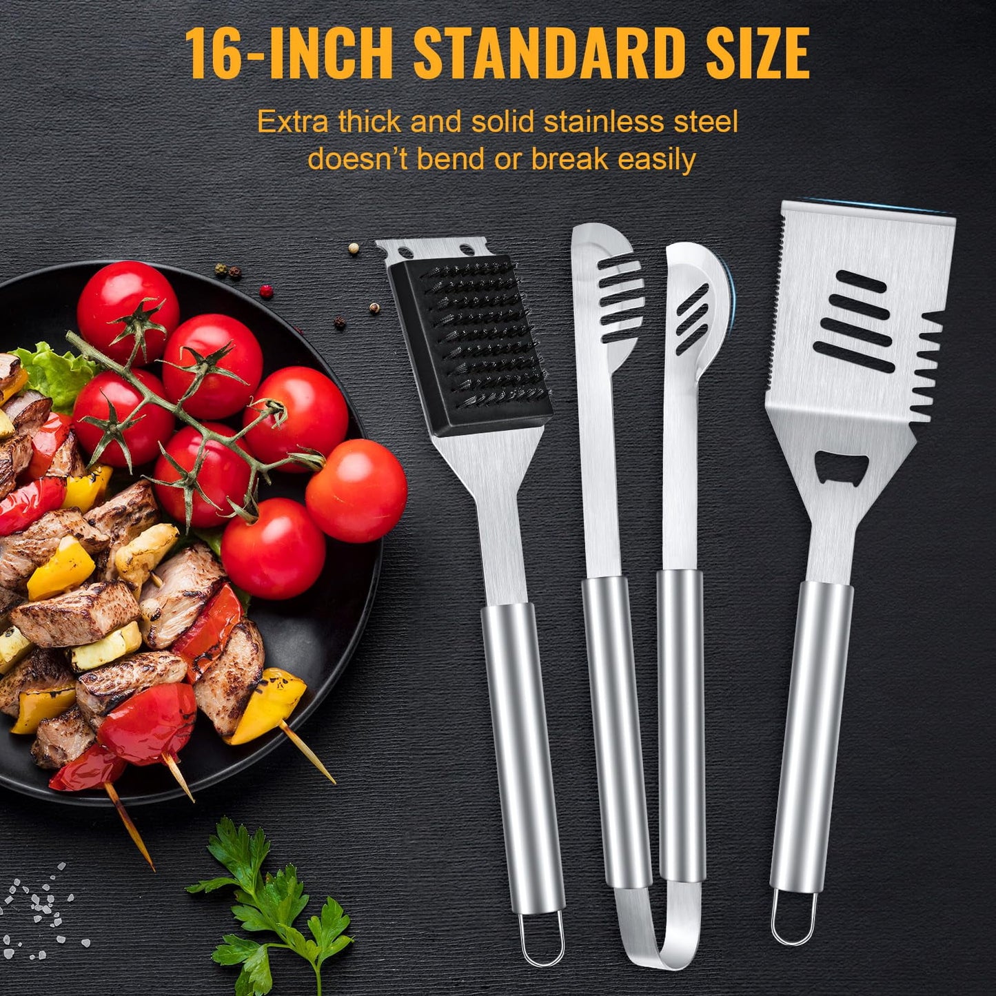 LHRIVER Stainless Steel BBQ Grill Tools Set with Storage Bag, 3 Pieces Include Tong, Spatula, Cleaning Brush