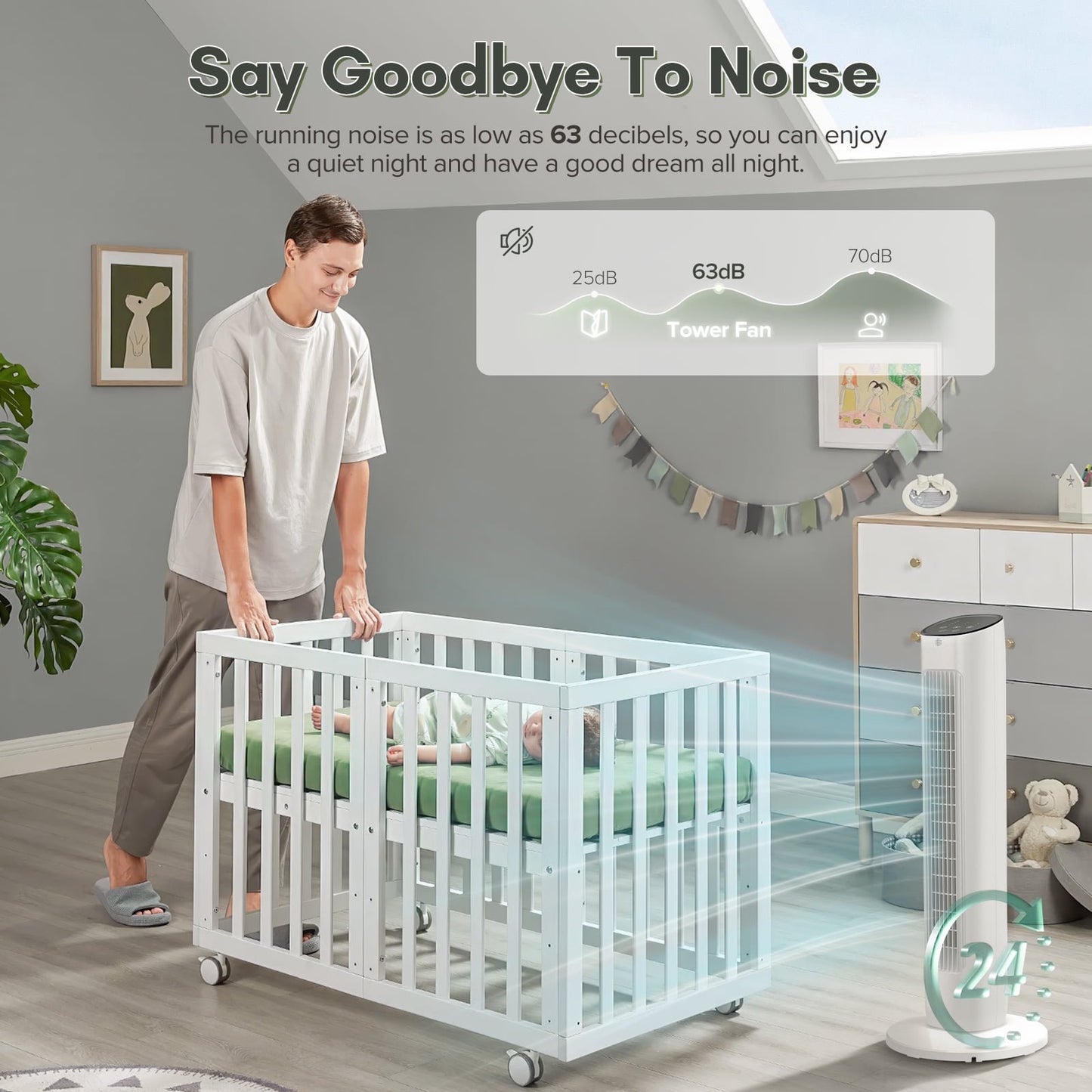 Havato Portable Independent Tower Fan, 360° Oscillating Fans with 8 Speeds, 24H Timer, Normal/Natural/Sleep Fan Modes, White