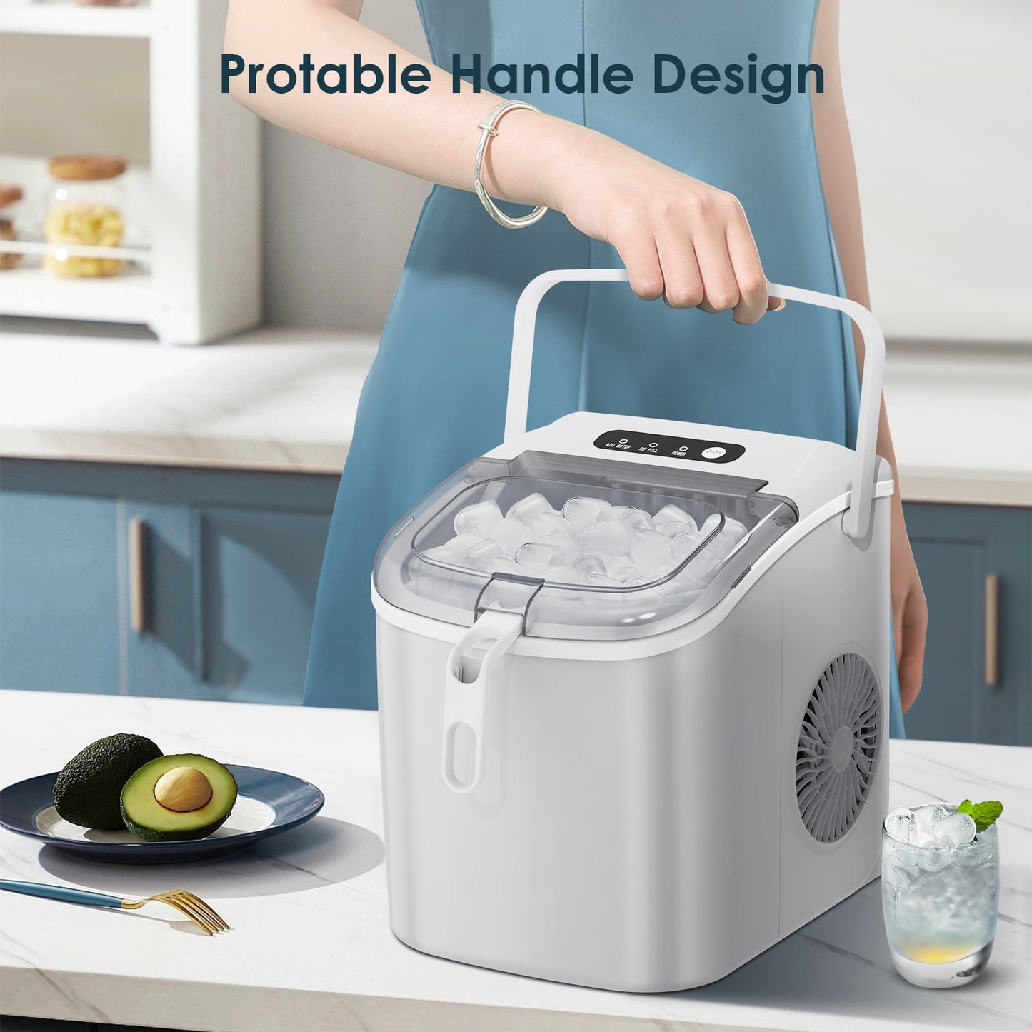 LHRIVER Countertop Ice Maker, Portable Ice Machine with Handle, 26Lbs/24H, 9Pcs/6Mins, One-Click Operation Ice Makers, with Ice Scoop and Basket, for Kitchen/Bar/Party - (White)