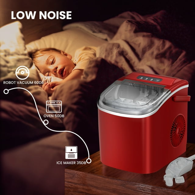 LHRIVER Countertop Ice Maker Portable Ice Machine with Handle, Self-Cleaning Ice Makers, 26Lbs/24H, 9 Ice Cubes Ready in 6 Mins for Home Kitchen Bar Party Red