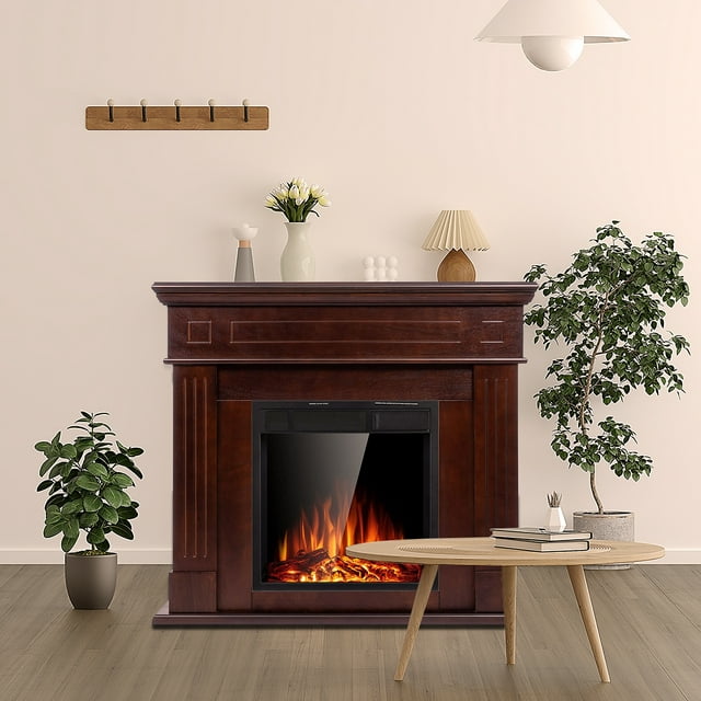 LHRIVER Freestanding Wooden Frame Fireplace with TV Stand, Electric Fireplace Mantel Heater, Various Brightness & Realistic Flames & Remote Control, Home/Office/Cafe,750W-1500W, Brown