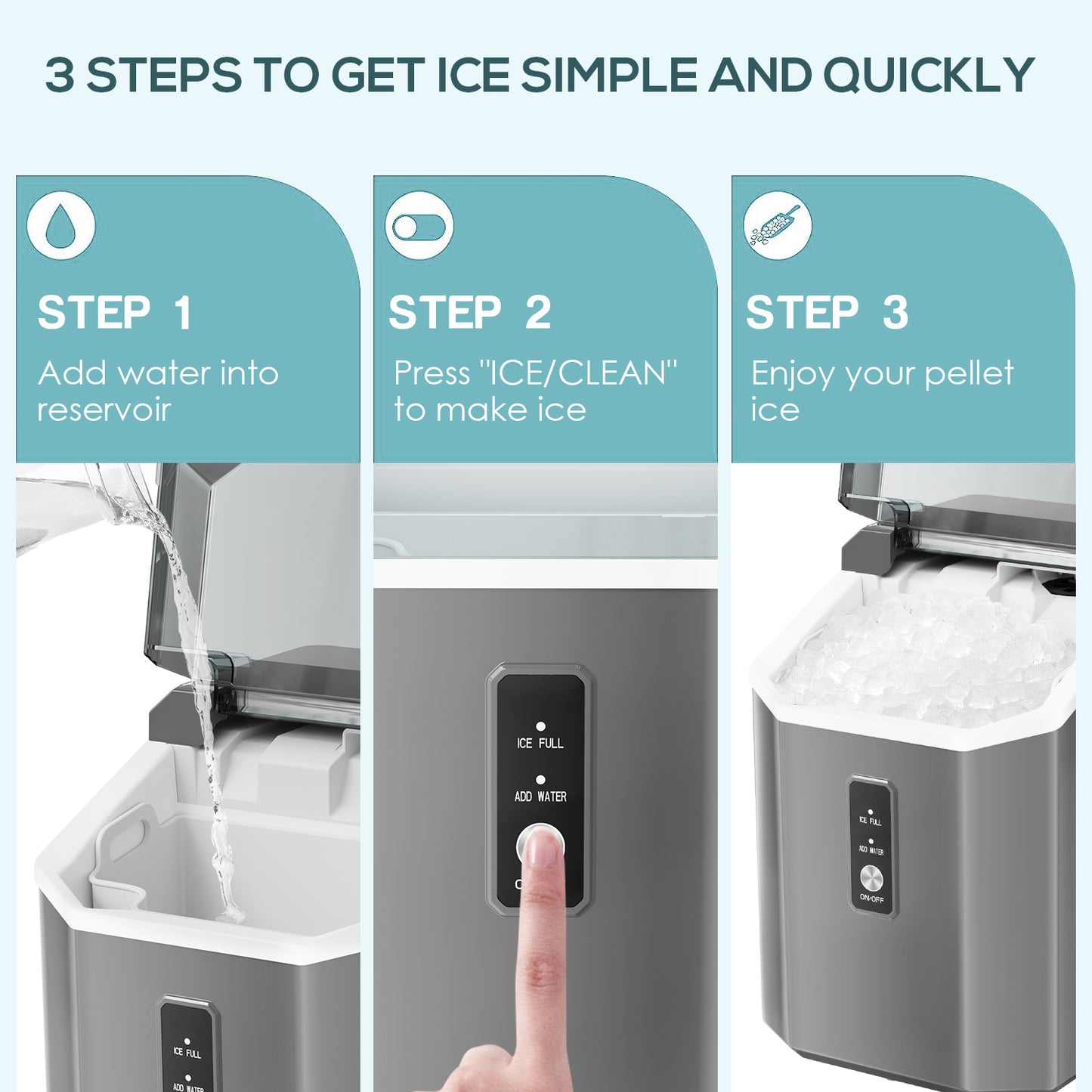LHRIVER Nugget Countertop Ice Maker with Soft Chewable Ice, 34Lbs/24H, Self-Cleaning, Ice Scoop,Grey