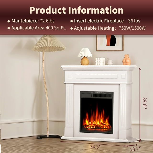 LHRIVER Freestanding Wooden Frame Fireplace with TV Stand, Electric Fireplace Mantel Heater, Various Brightness & Realistic Flames & Remote Control, Home/Office/Cafe,750W-1500W, PEARLWHITE