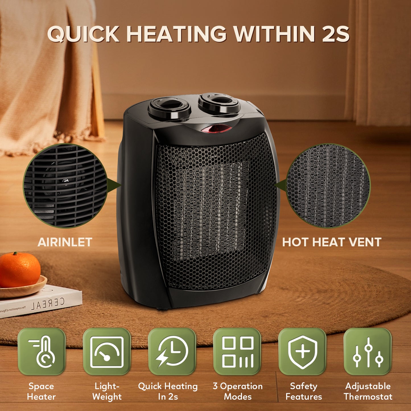 Havato Portable Space Heater for inside, 750W/1500W, ETL Certified, Silent Heating, Ceramic Small Fan Heater, for Home & Dorm (Black)