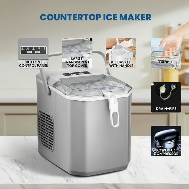 LHRIVER Portable Compact Self-cleaning Ice Maker With Handle and Ice Scoop, Bullet Ice Cubes, 9Pcs/8Min 26Lbs/24H for Home/Office/Bar/Party (Grey)